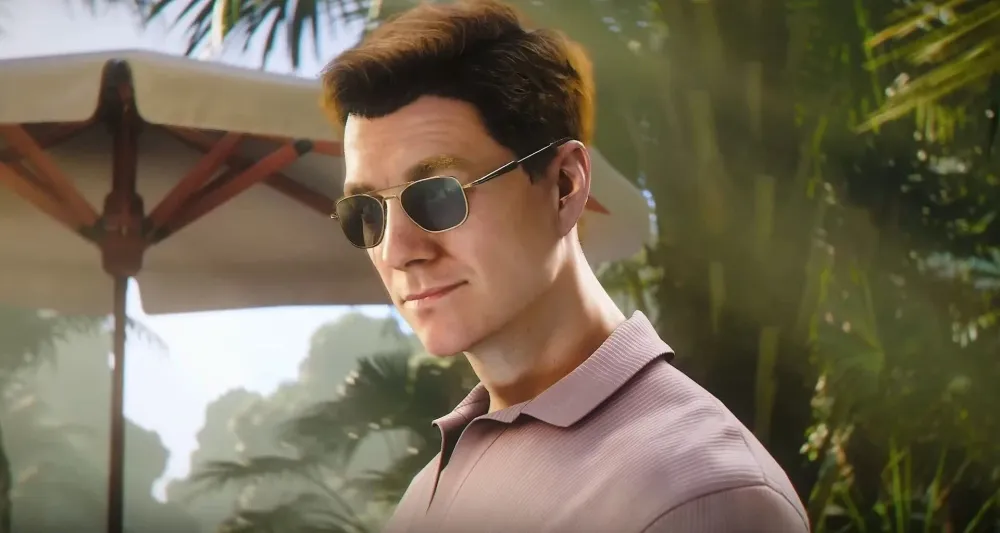 A young James Bond in sunglasses and a pink polo shirt relaxes at a sunlit tropical resort in 007 First Light.