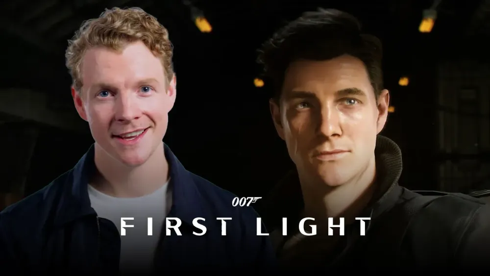 Actor Patrick Gibson smiling next to his in-game James Bond likeness, with the 007 First Light logo.