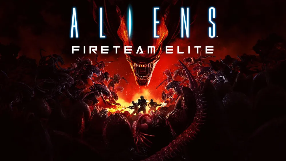 Aliens: Fireteam Elite key art showing three marines firing from a red-lit clearing at the center of a Xenomorph swarm, with a Xenomorph queen's head above them.
