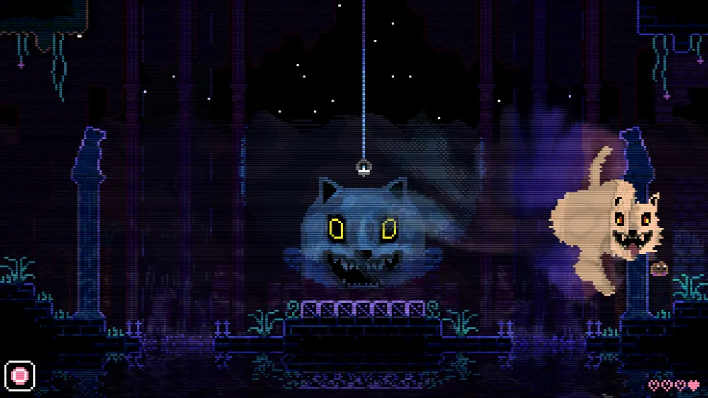 Animal Well's small protagonist stands among luminous plants and stone structures.