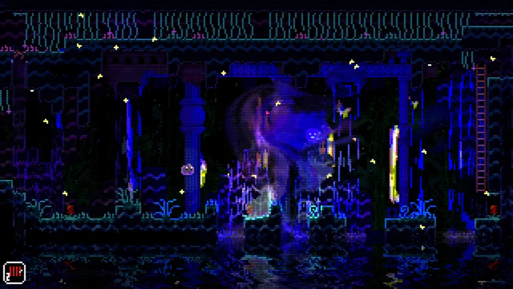 A colorful Animal Well cavern contains platforms, animals, and glowing water.
