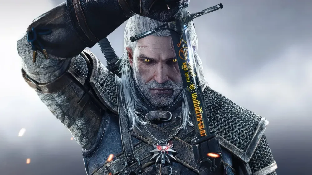 Geralt of Rivia drawing his steel sword in key art from The Witcher 3.