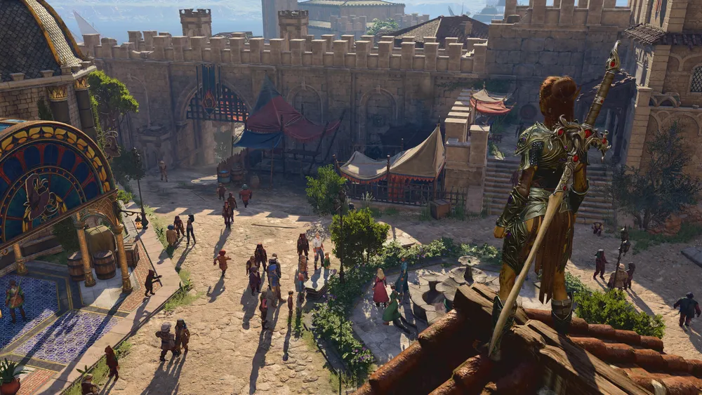 Baldur's Gate 3 characters stand together during an outdoor conversation.
