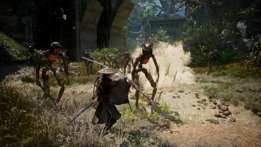 Official Beast of Reincarnation screenshot showing Emma facing a group of humanoid machines.