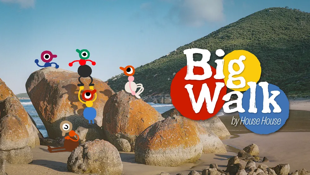 Official Big Walk key art: simple one-eyed characters in bright colors perched on boulders at a photographed coastal beach, beside the Big Walk logo by House House.