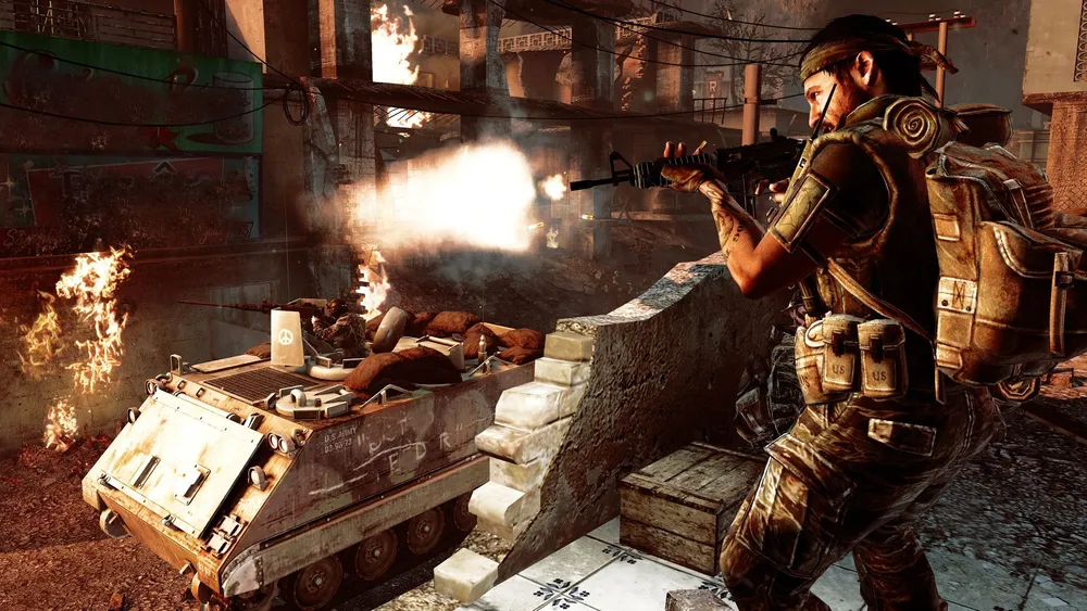 A soldier fires from a ruined building above an armored vehicle in an official Call of Duty Black Ops screenshot.