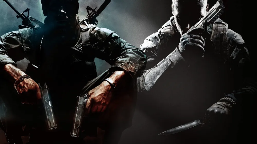 Editorial image of armed characters from the original Black Ops and Black Ops 2 facing forward in shadow.