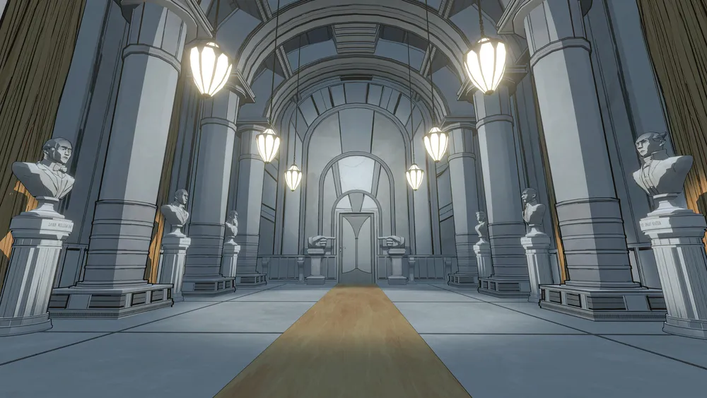 A decorated Blue Prince room is seen from an angled view.