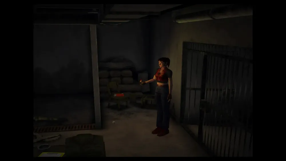 A dim screenshot from the original Code: Veronica showing Claire holding a lighter, framed by a fixed camera angle.