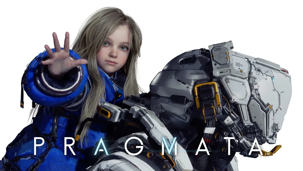 A young girl reaches forward beside a large armored astronaut in official Pragmata key art.