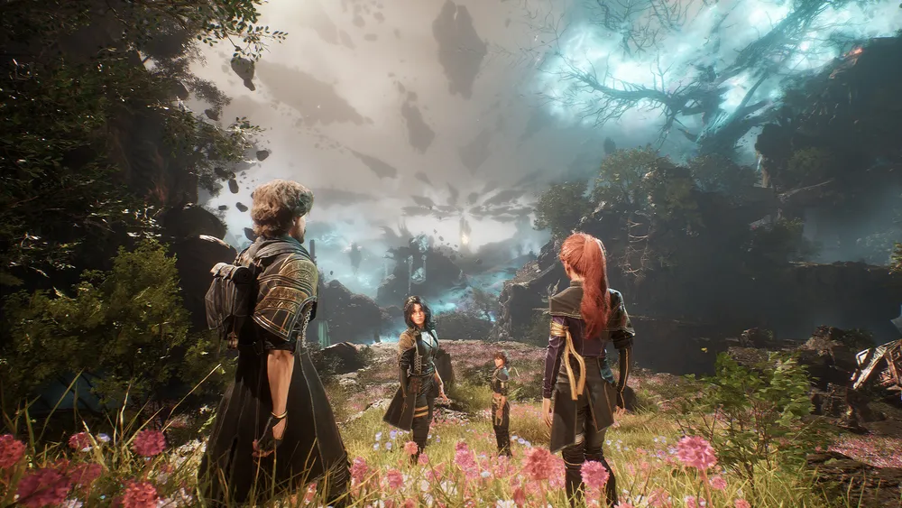 The expedition party stands among flowers beneath floating rock formations in Clair Obscur Expedition 33.