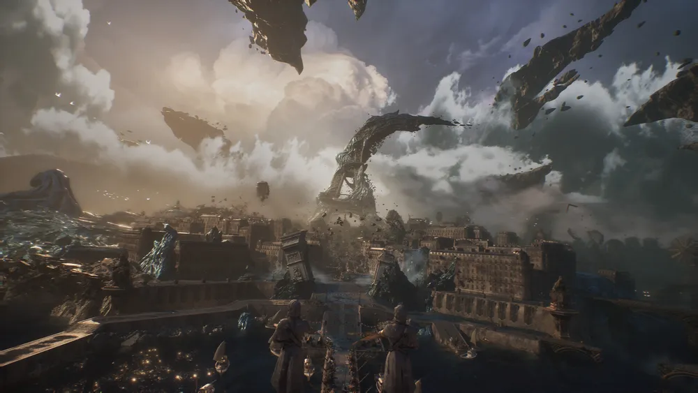 Two figures overlook a fractured city beneath floating landmasses in Clair Obscur Expedition 33.