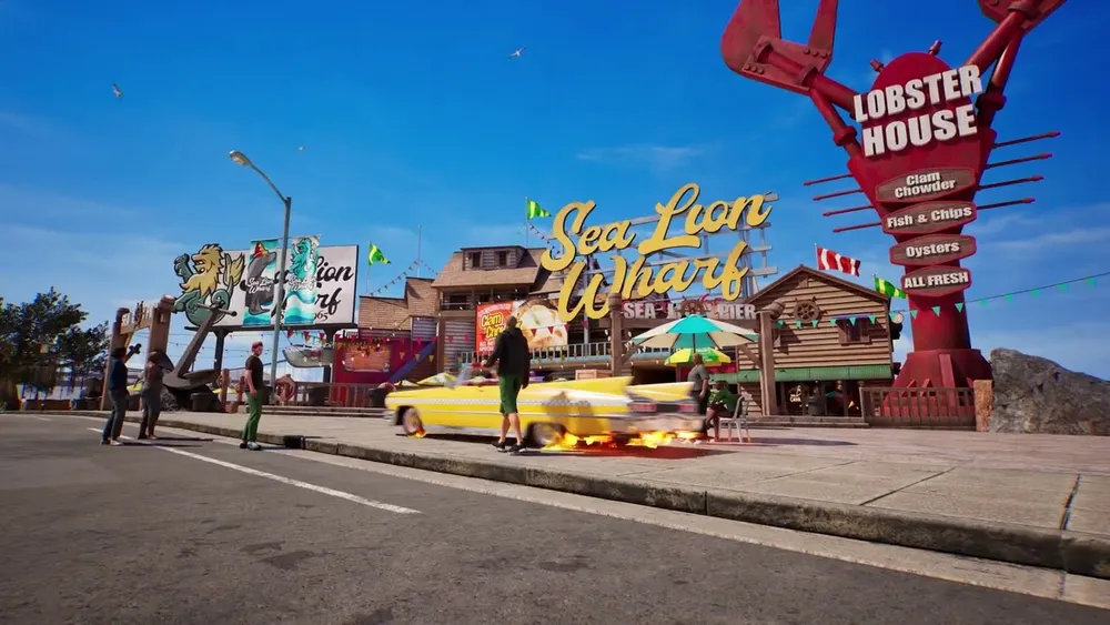 A yellow convertible taxi drifts past the Sea Lion Wharf boardwalk and a giant Lobster House sign, flames trailing from its tires, in a frame from Sega's Crazy Taxi World Tour trailer.