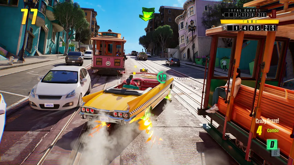 A yellow convertible taxi skids between cars and a cable car on a steep city street in Crazy Taxi World Tour.