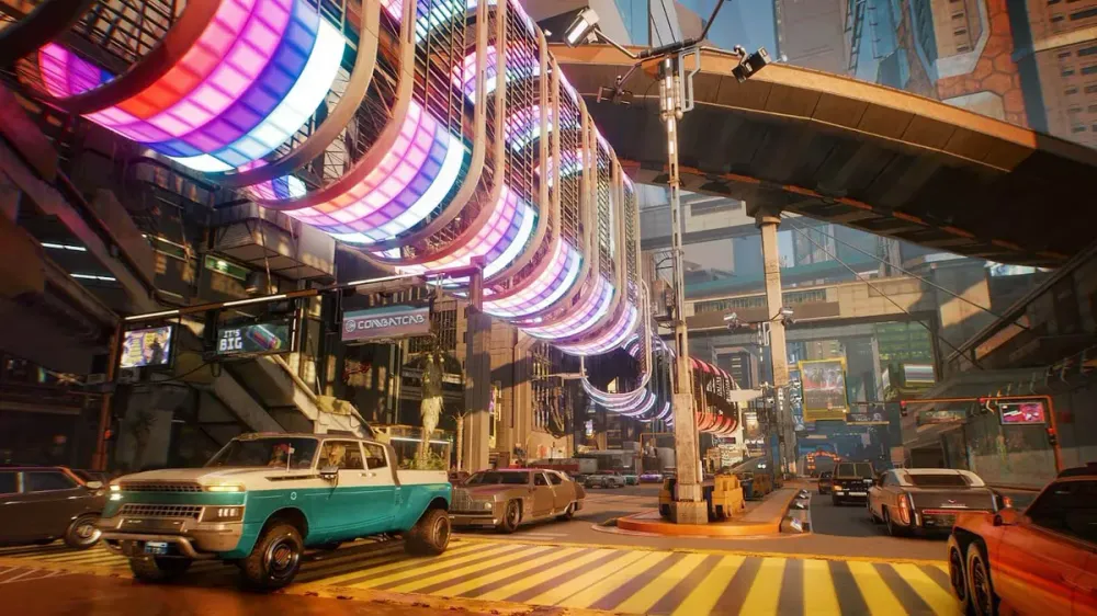 Crowded Night City street in Cyberpunk 2077 packed with traffic and pedestrians under neon signage