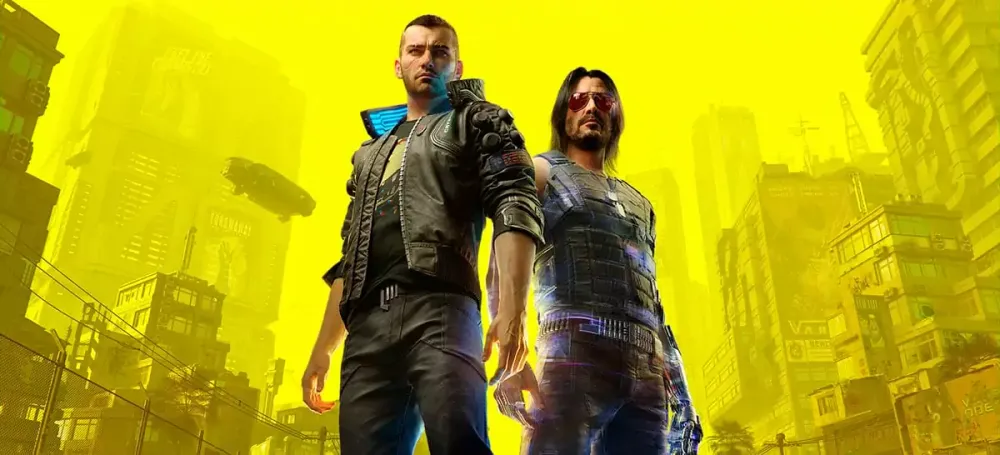 Promotional artwork of V and Johnny Silverhand from Cyberpunk 2077