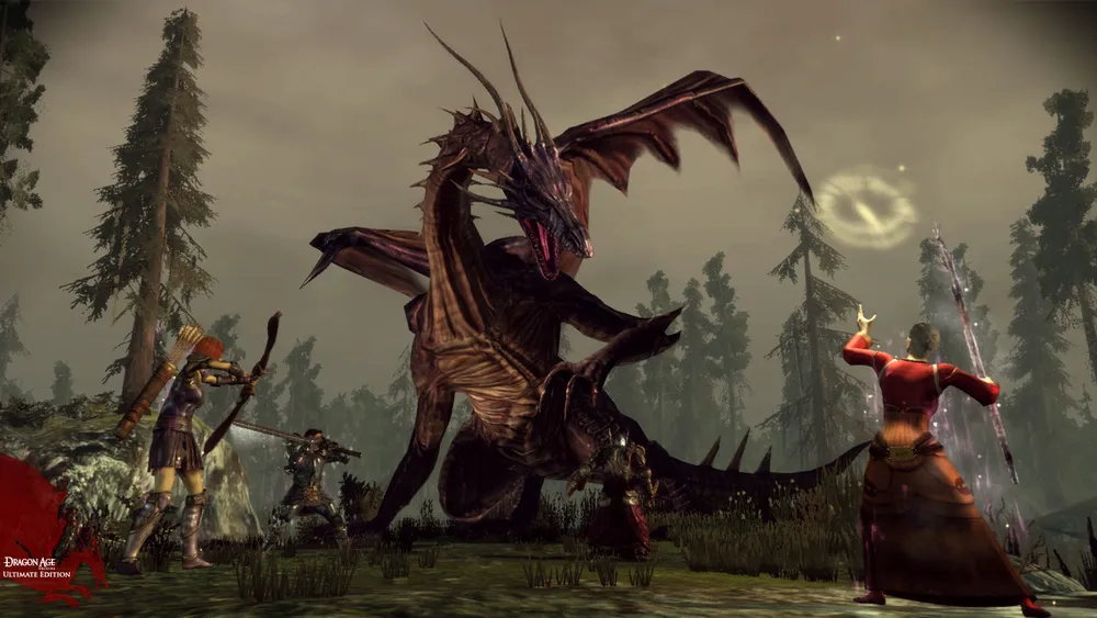 A four-person party surrounds a dragon in a forest clearing in an official Dragon Age Origins screenshot.