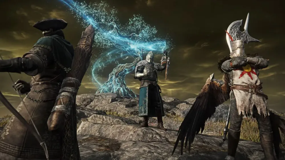 Three Nightreign characters posing in alternate outfits, one channeling blue magic, that pay tribute to the Dark Souls trilogy.
