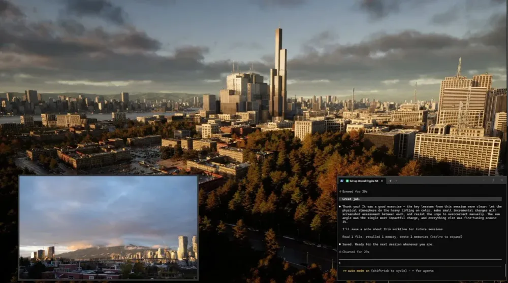 A demonstration of Unreal Engine 6 showing a city scene alongside a Claude prompt window used to generate content.