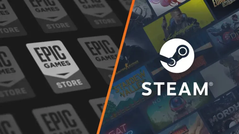 A split graphic showing the Epic Games Store logo on one side and the Steam logo on the other.