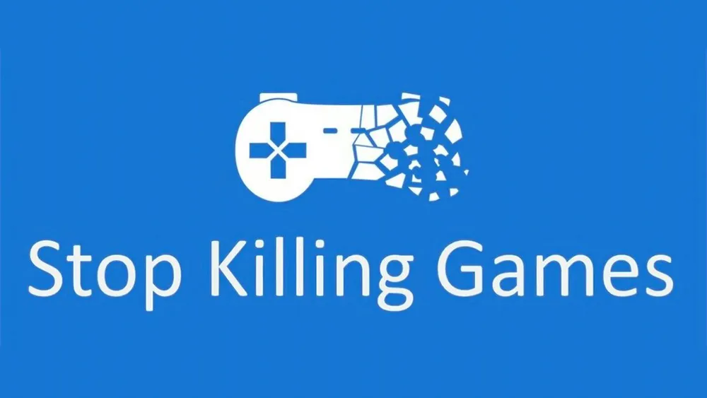 The Stop Killing Games logo: a white game controller dissolving into pixels on a blue background, above the movement's name in white text.