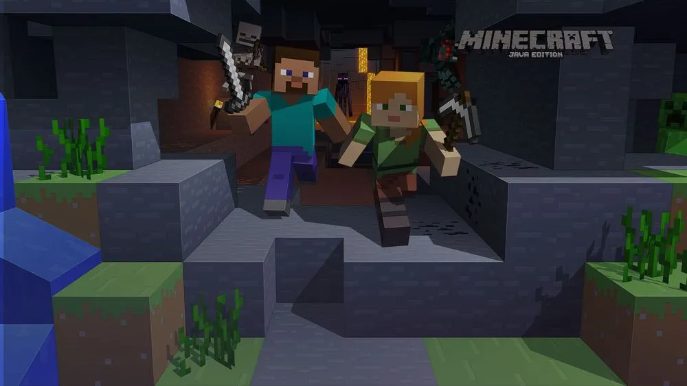 Minecraft Java Edition key art showing Steve and Alex leaping through a cave with swords and pickaxe drawn, hostile mobs lurking behind them.