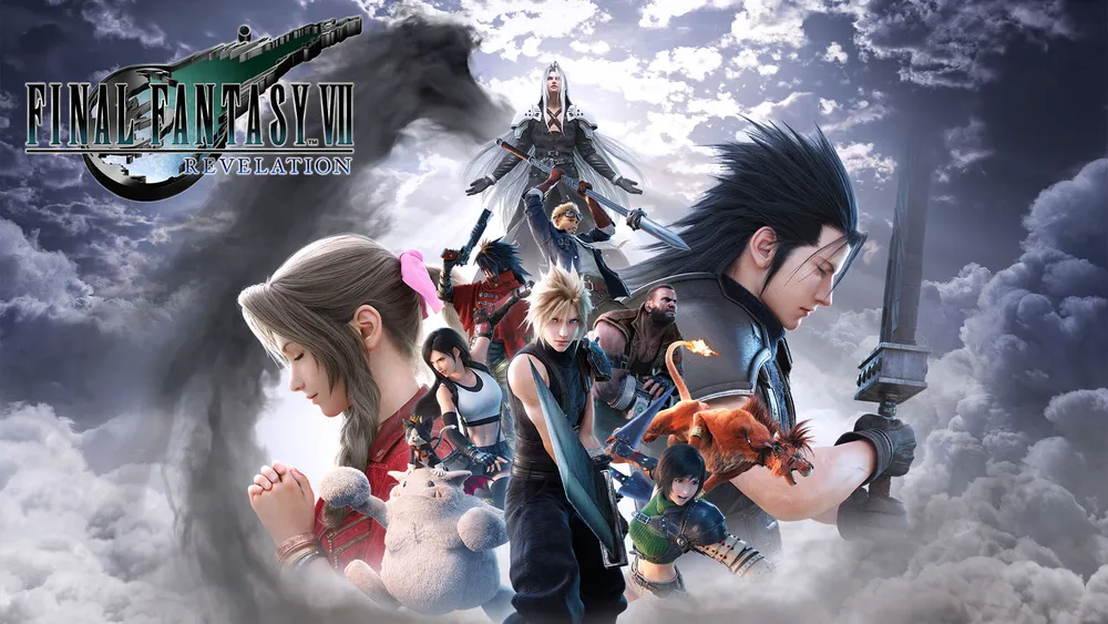 Cloud, Aerith, Zack, Sephiroth, and other characters appear in layered clouds in official Final Fantasy 7 Revelation key art.