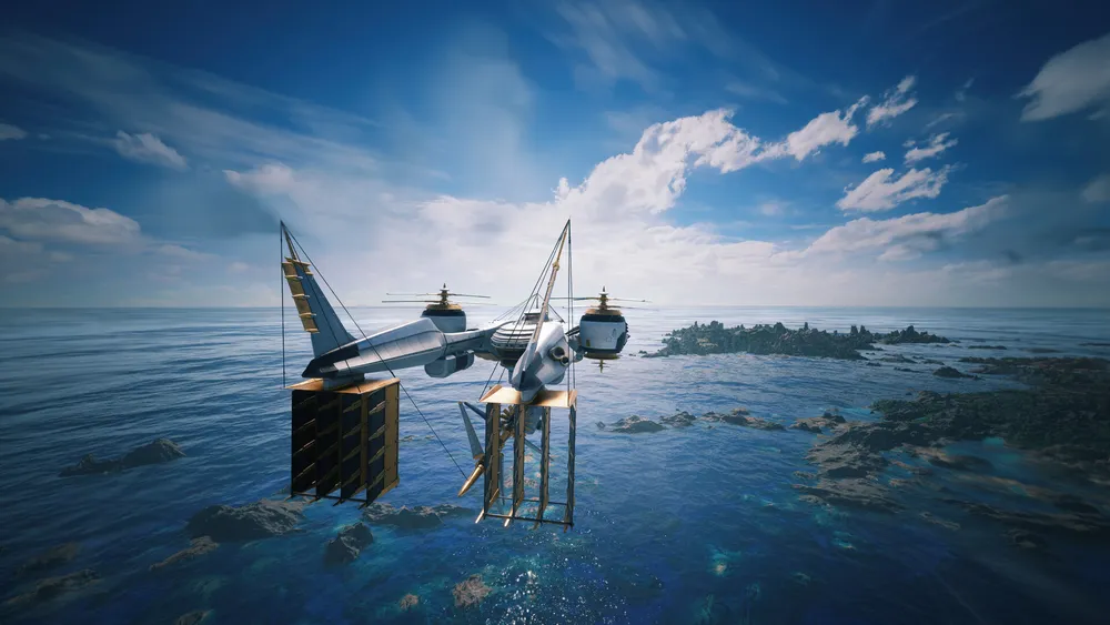 An airship flies above a bright blue ocean and scattered islands in Final Fantasy 7 Revelation.
