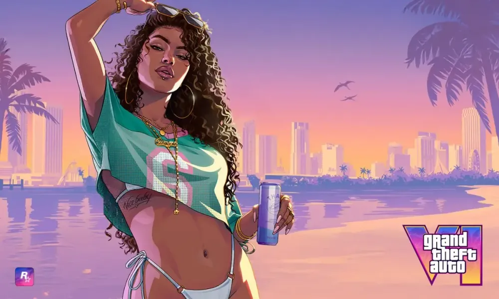 Promotional artwork for Grand Theft Auto VI showing its sun-soaked Vice City setting.