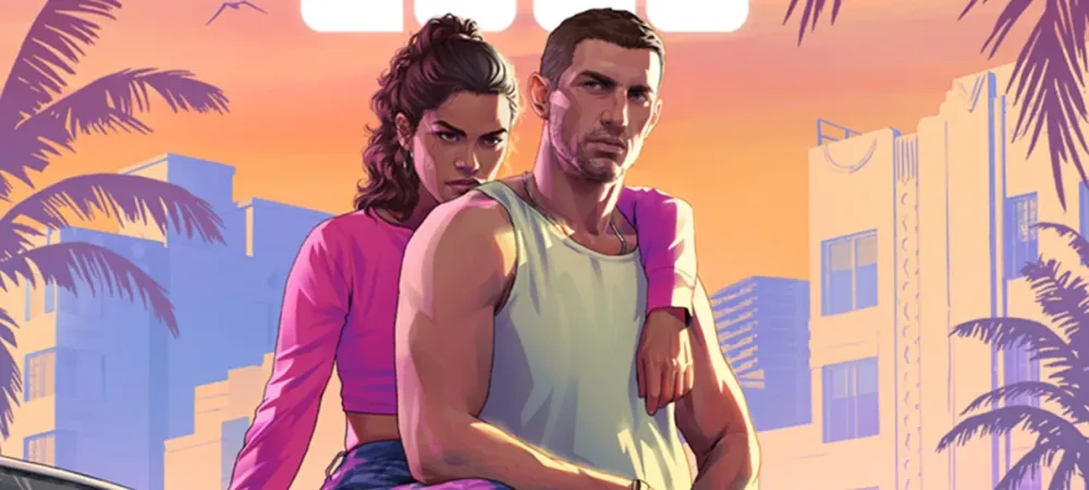 Promotional key art for Grand Theft Auto VI set in its neon-lit Vice City.