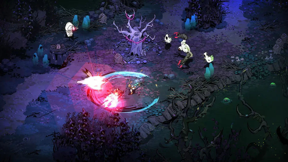 Melinoe uses magic in a crowded Hades II combat encounter.
