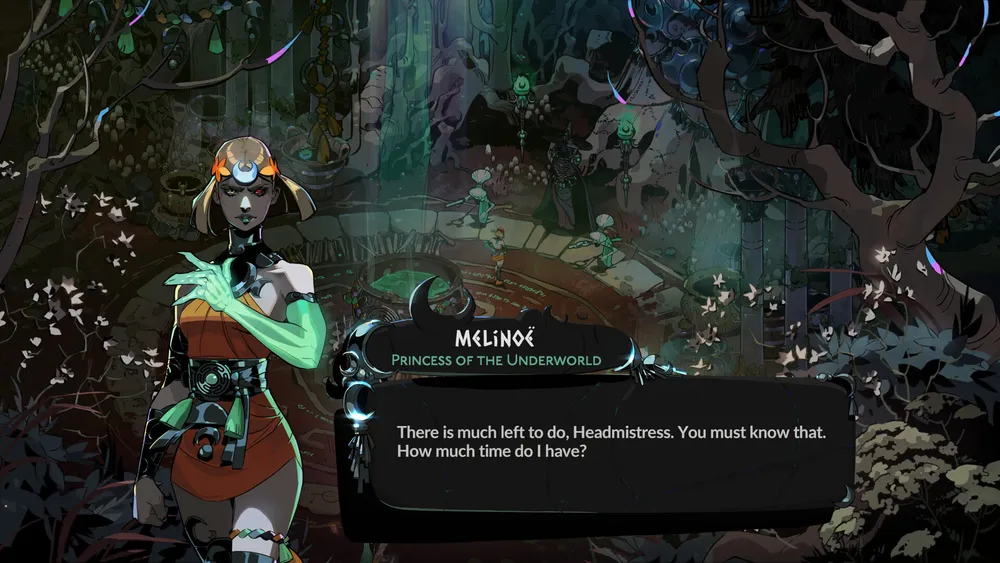 Melinoe stands in a richly decorated interior in Hades II.