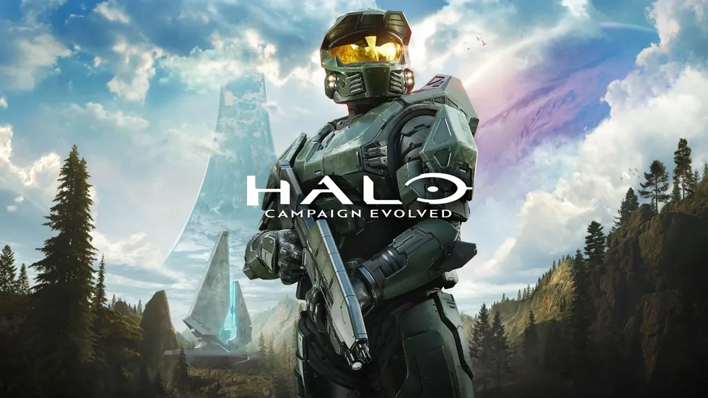 Master Chief holds a rifle in front of forests, mountains, and a Halo ring in official Campaign Evolved key art.