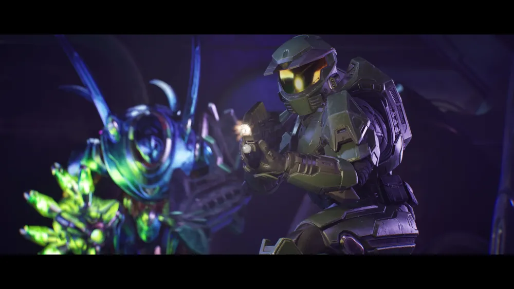 Master Chief kneeling beside a glowing green and blue Covenant construct inside a dark purple-lit interior in an official Halo: Campaign Evolved screenshot.