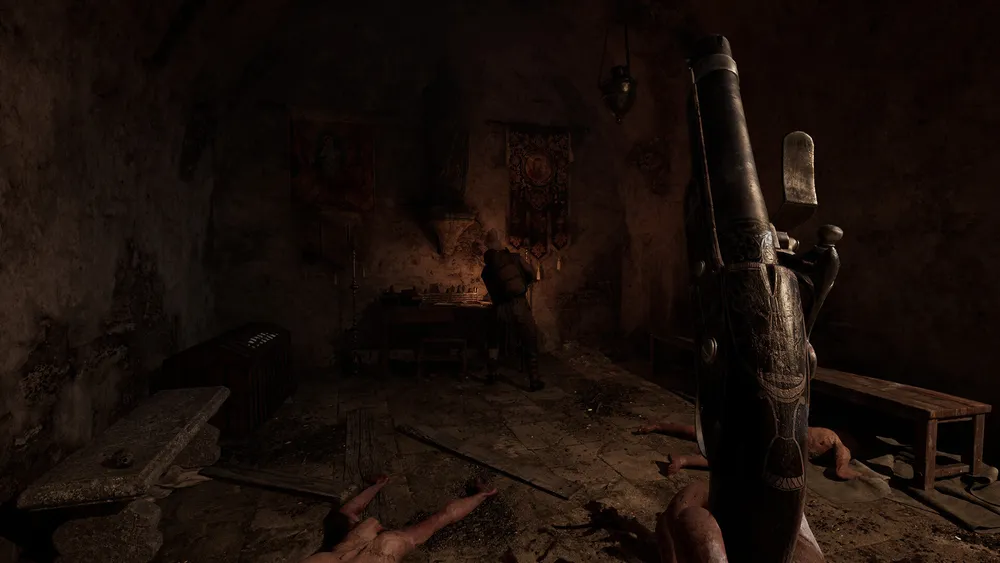 First-person view in HUNGER of a player raising an ornate flintlock pistol inside a dark chapel while another survivor loots a table beneath candlelit religious banners.