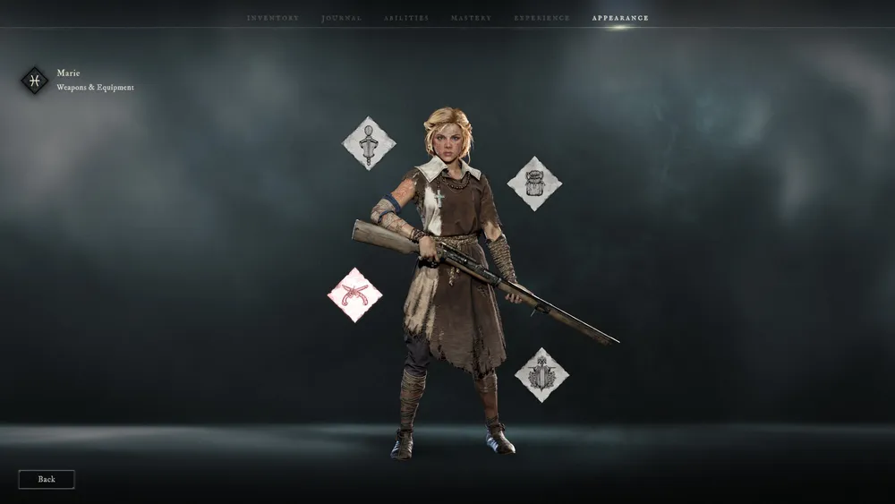 HUNGER's appearance menu showing Marie, a survivor in ragged 1800s clothing holding a long musket, surrounded by weapon and equipment slot icons.
