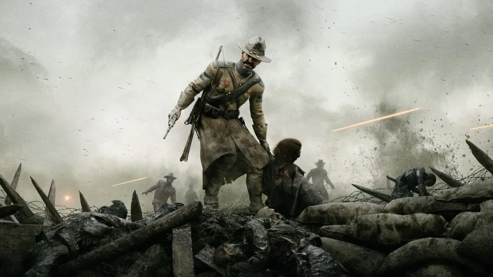 Promotional key art for the Road to Hell event in Hunt: Showdown 1896, showing armed Hunters in a war-torn bayou battlefield.