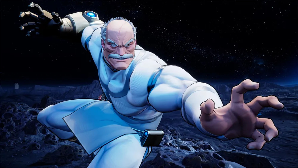 Conquest from Invincible VS crouched alone on a moon-like battlefield under a starry sky, reaching one hand toward the camera.