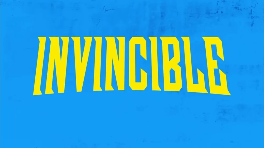 The Invincible logo rendered as a bold yellow title card on a distressed blue background.