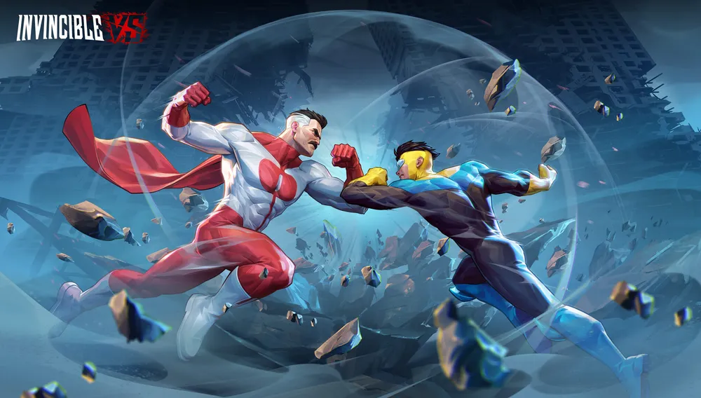 Omni-Man and Invincible trading punches in Invincible VS key art, with the game logo in the corner.