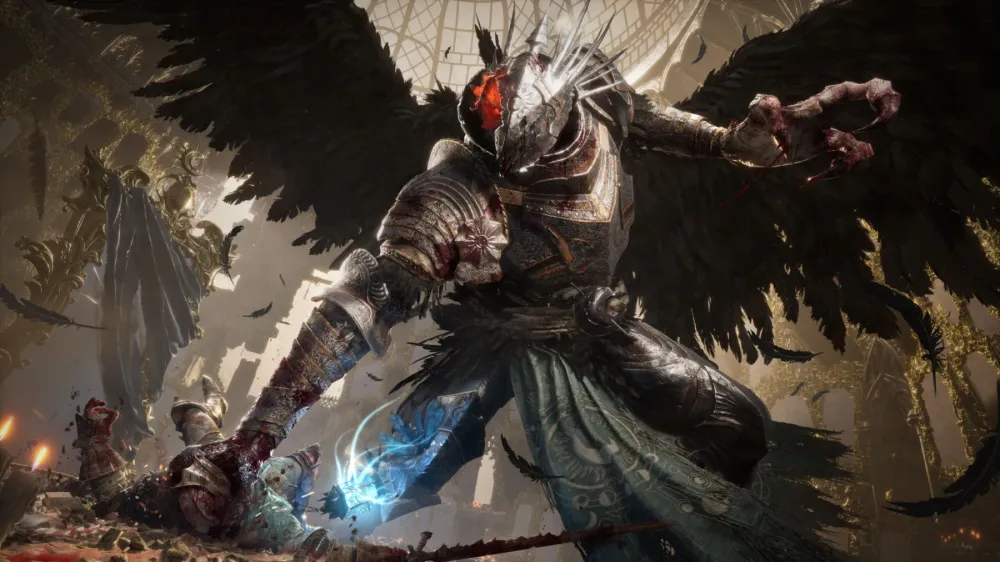 A heavily armored, winged figure mid-swing against fallen knights in a grand hall, from Lords of the Fallen 2.