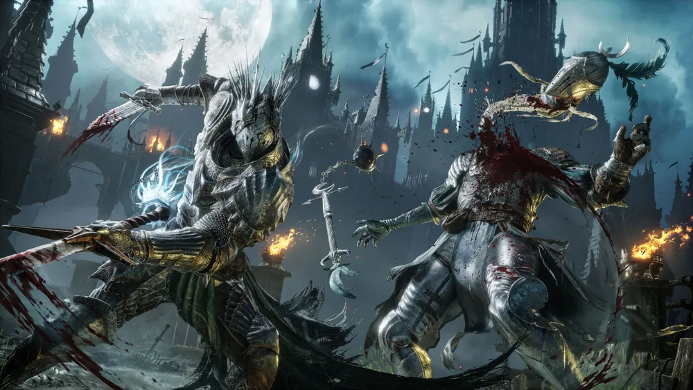 An armored warrior cuts down a knight beneath a full moon in Lords of the Fallen 2.