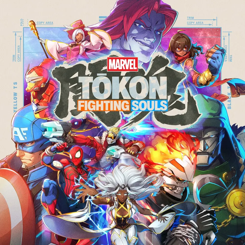 Marvel heroes and villains including Spider-Man, Storm, Iron Man, Doctor Doom, and Captain America surround the Marvel Tokon Fighting Souls logo.