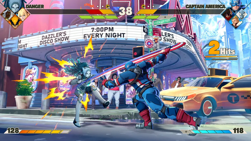 Captain America attacks a gray-skinned opponent on a colorful city stage in Marvel Tokon Fighting Souls.