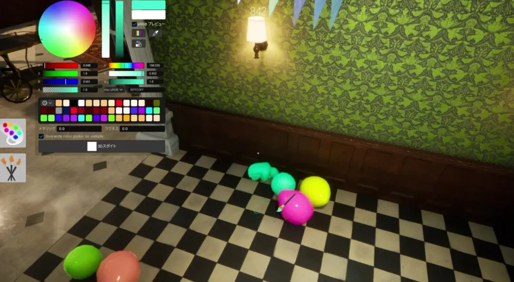 A player in MECCHA CHAMELEON camouflaging their painted character among a cluster of brightly colored objects.