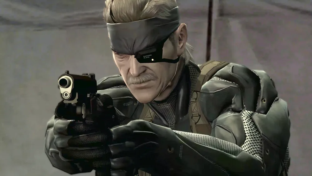 Official Metal Gear Solid 4 screenshot showing Old Snake aiming a pistol.