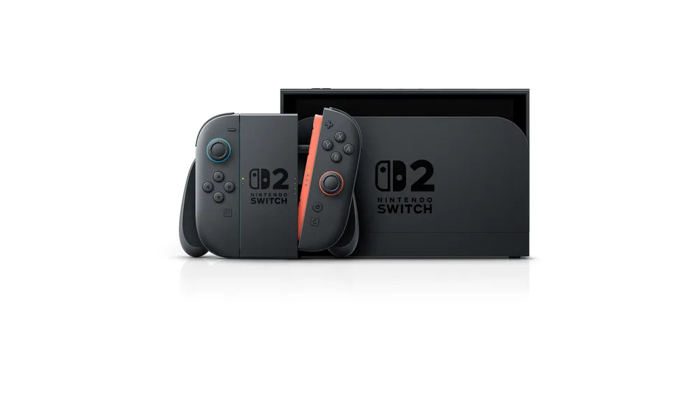 The Nintendo Switch 2 console and dock displayed with two Joy-Con 2 controllers and their grip.