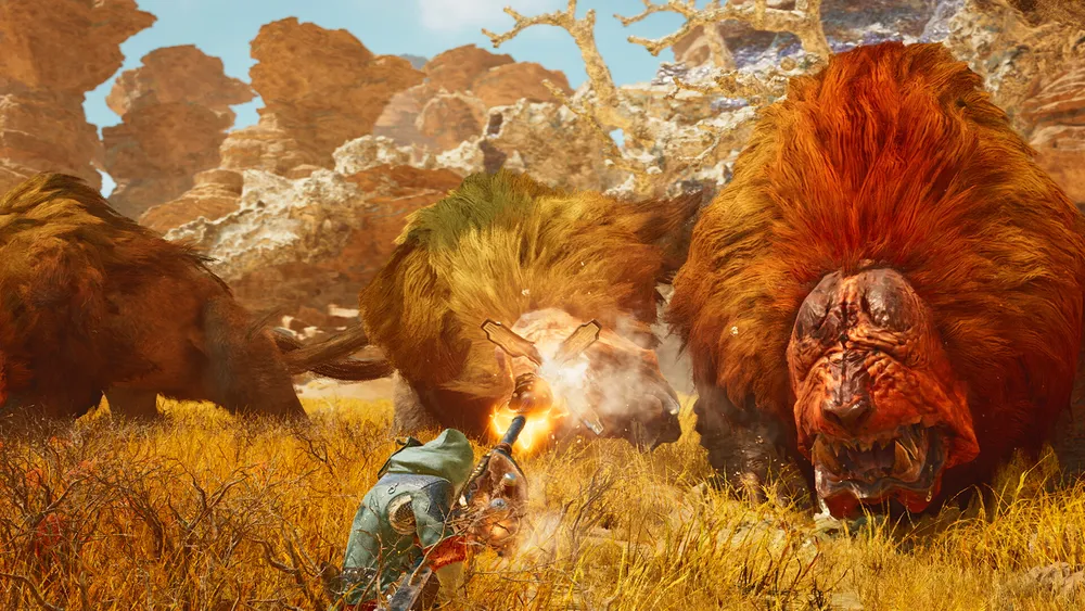 A Monster Hunter Wilds hunter moves through a dramatic outdoor environment.