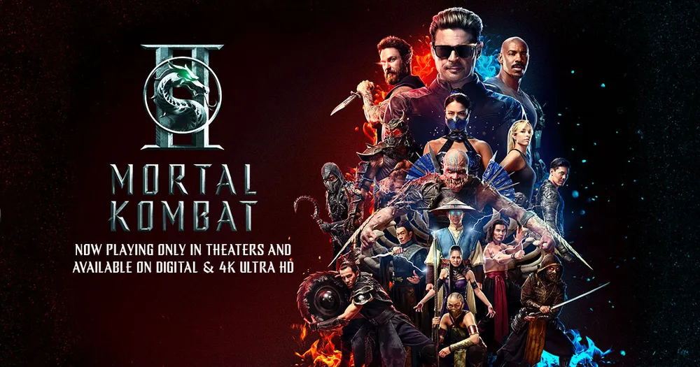 An ensemble of Mortal Kombat fighters arranged beside the film logo in official promotional artwork.