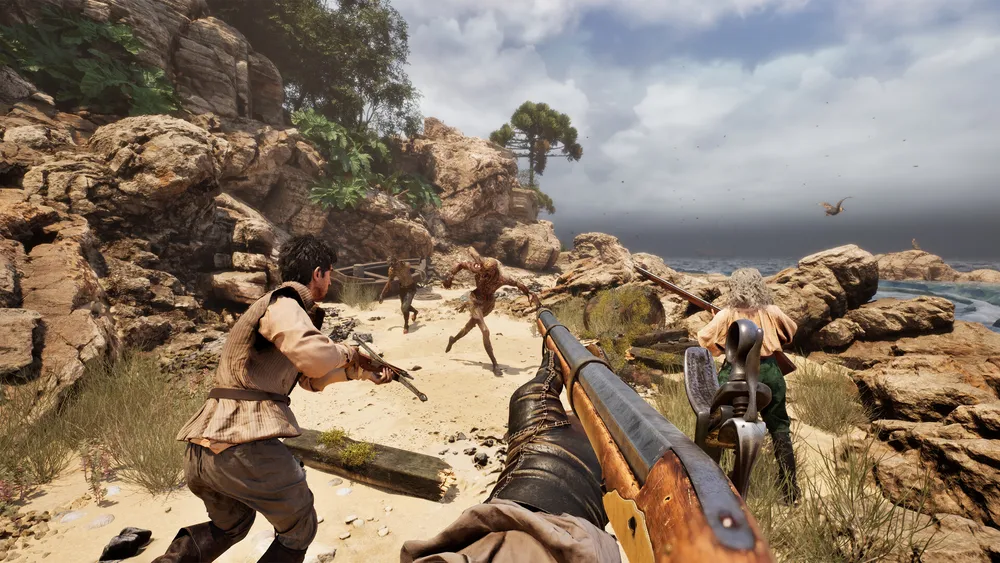 Three armed survivors confront a bloodied, charging humanoid creature on a sunlit beach in The Mound: Omen of Cthulhu.
